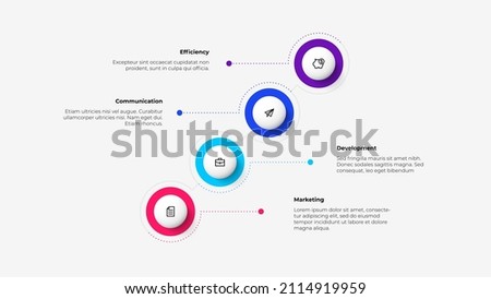 The infographic with 4 circles is placed diagonally with a dotted line. Business data visualization. Concept of timeline business development process.
