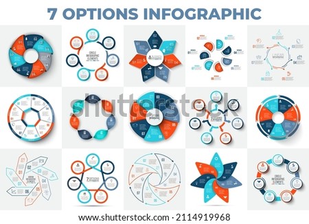 Big chart set with 7 options, steps or parts. Circles, arrows, heptagons and line infographics for presentations, advertisements or websites.