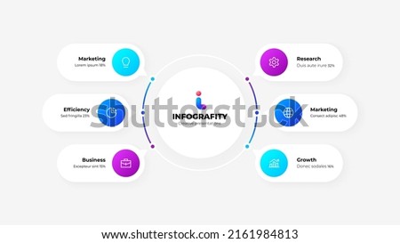 Flow chart infographic business template. Central circle with six circles around it. Vector info graphic design illustration with 6 steps.