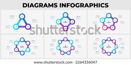 Set of vector cycle infographics. Circle with arrows. Presentation template with 3, 4, 5, 6, 7 and 8 options.