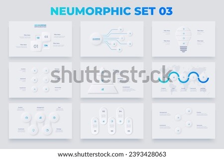 Nine slides with neumorphic infographics elements. Timelines, pyramid, lightbulb and cycle diagrams. Set of Infograph concept with 4, 5, 6 and 7 options