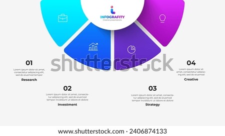 Semicircle pie chart divided into 4 parts. Concept of four features of startup project to select