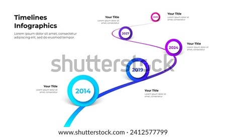 Vector infographic company milestones with years. Timeline template with pointers on a curved road line