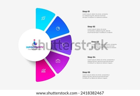 Semicircle pie chart divided into 5 parts. Concept of five step infographic