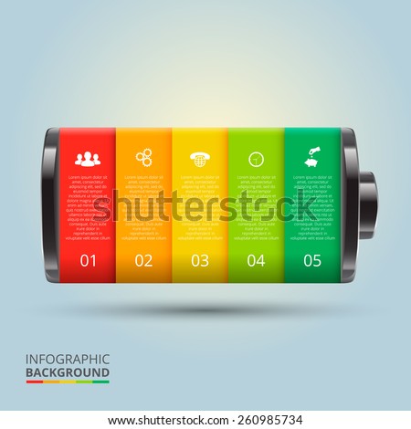 Vector battery element for infographic. Template for diagram, graph, presentation and chart. Business concept with 5 options, parts, steps or processes. Abstract background