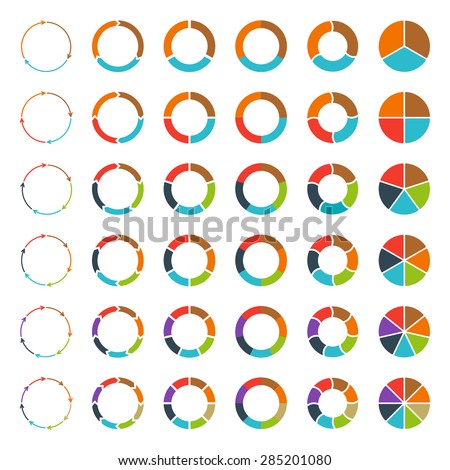 Segmented and multicolored pie charts and arrows set with 3, 4, 5, 6, 7 and 8 divisions. Template for diagram, graph, presentation and chart.