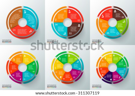 Vector circles with arrows for infographic. Template for cycle diagram, graph, presentation and round chart. Business concept with 3, 4, 5, 6, 7 and 8 options, parts, steps or processes.