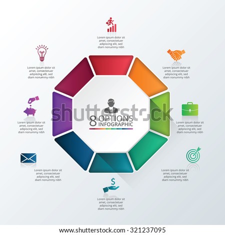 Vector infographic octagon design template. Business concept with 8 options, parts, steps or processes. Can be used for workflow layout, diagram, number options, web design. Data visualization.