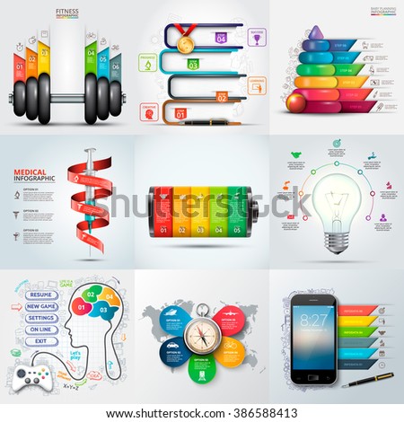 Travel, medical, education, business, fitness and baby infographic templates. Can be used for workflow layout, diagram, step options, banner and web design. Vector illustration. 