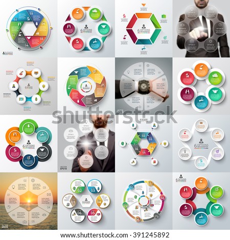 Big set of vector hexagons, circles and other elements for infographic. Template for cycle diagram, graph. Business concept with 6 options, parts, steps. Blur vector background.