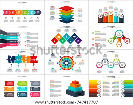 Vector arrows infographic, diagram chart, graph presentation. Business report with 3, 4, 5, 6, 7, 8, 9 and 10 options, parts, steps, processes. Squares, circles, pyramid, puzzle and timeline.