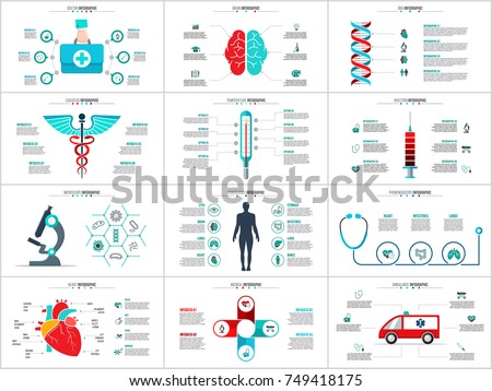 Vector brain, dna, caduceus, emergency car and other elements for infographic. Medicine concept with 4, 5 and 6 options, parts, steps or processes.
