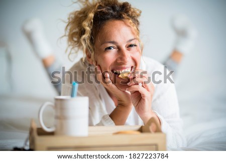 Similar – Foto Bild Fröhliche Frau mit Kaffee im Zimmer