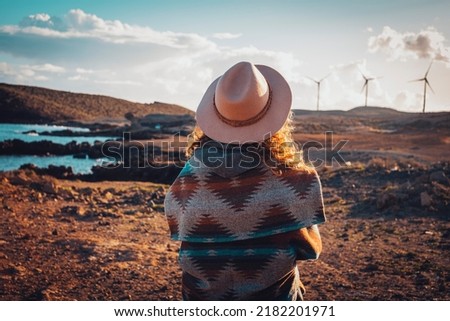 Similar – Image, Stock Photo female traveler admiring a marine view. tourism in Cyprus. tourist on sea background. girl travels on the beaches. young beautiful hipster woman on tropical beach, summer vacation, happy, fun,