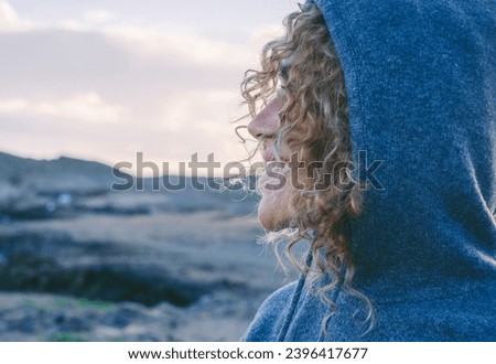 Similar – Image, Stock Photo Lonely woman admiring autumn landscape of lake and mountains