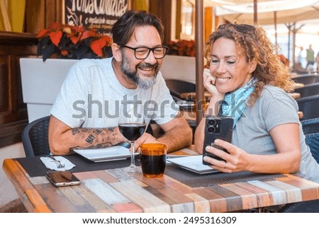 Similar – Image, Stock Photo Cheerful woman leaving restaurant