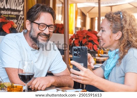 Similar – Image, Stock Photo Cheerful woman leaving restaurant