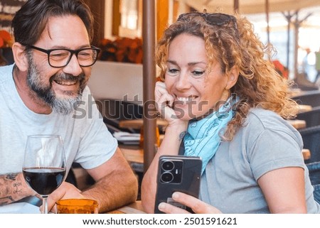 Similar – Image, Stock Photo Cheerful woman leaving restaurant