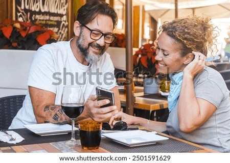 Similar – Image, Stock Photo Cheerful woman leaving restaurant