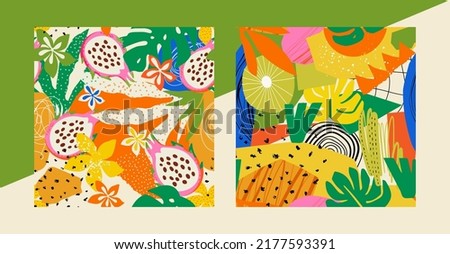 Tropical, bright, exotic patterns with various shapes, dragon fruit, simple elements, flowers, leaves. Great for wrapping, wallpaper, home décor, clothing design and more