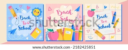 Vector illustrations. Back to school. Set of templates in pastel colors with cute school supplies. Perfect for social media, print, flyers, postcards advertising and more