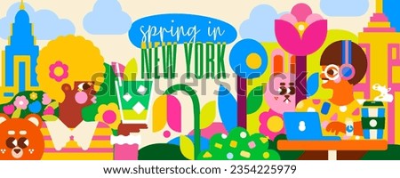 Immerse yourself in spring in New York with this vibrant illustration. Feel the energy of the city among the people, the green park and the famous skyscrapers.