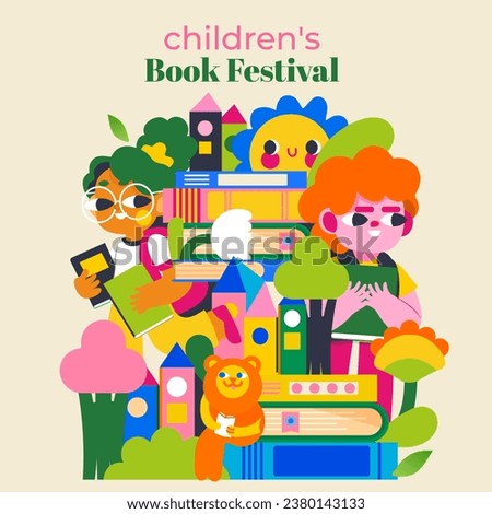Illustration for the Children's Book Festival. Bright colors, fairy-tale characters, happy children and a world of imagination. Immerse yourself in the magical world of books!