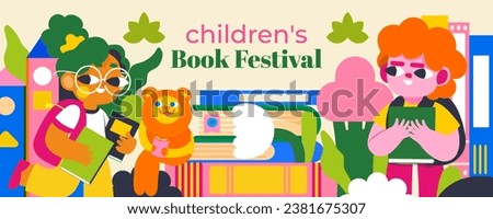 Banner for the Children's Book Festival. Bright colors, fairy-tale characters, happy children and a world of imagination. Immerse yourself in the magical world of books!