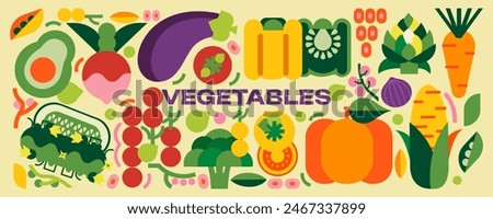 Simple vegetables vector food illustration. Cherry tomatoes, beets, corn, peppers, eggplant, cucumbers, broccoli, carrots, pumpkins, avocados, onions, peas, beans and artichokes