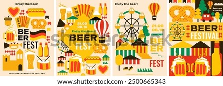 4 modern posters for Oktoberfest! National colors, beer mugs, pretzels, hotdogs, musical instruments, a fair and lots of beer. A4 vector templates are ideal for advertising this event.