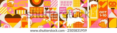 Octoberfest mosaic modern design.
Pretzels, hot dog, beer mugs, festive atmosphere and lots of beer. 
Set of editable templates for social media, event flyers, posters, patterns and more