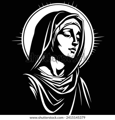 Our Lady Virgin Mary Mother of Jesus, Holy Mary, madonna, vector illustration, black on white background, printable, suitable for logo, sign, tattoo, laser cutting, sticker and other print on demand	