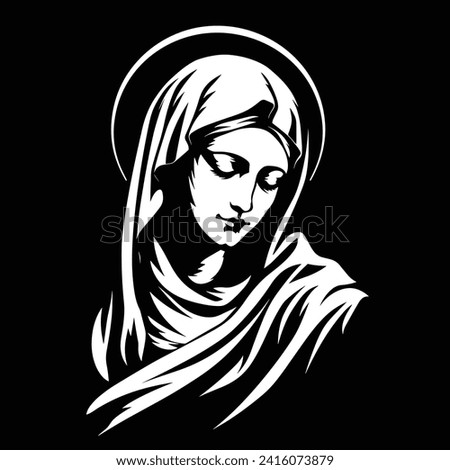 The Mary Our Lady Virgin Mary Mother of Jesus, madonna, vector illustration, black on white background, printable, suitable for logo, sign, tattoo, laser cutting, sticker and other print on demand	