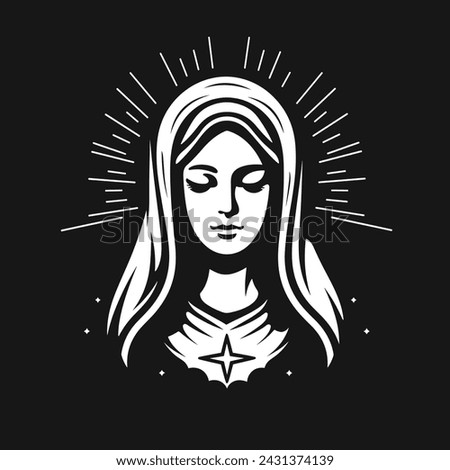 Vector illustration of The Mary, Our Lady Virgin Mary Mother of Jesus, Holy Mary, madonna, white on black background, printable, suitable for logo, sign, tattoo, laser cutting, sticker