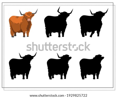 a game for preschool children. find the right shadow. Yak. Silhouette. Vector illustration isolated on a white background