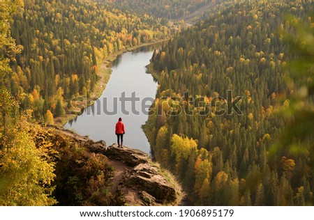 Beautiful Viewpoint on Usva River in Ural Mountains. Woman Standing on the Rock and Looking at the Usva River, Perm Region, Russia.