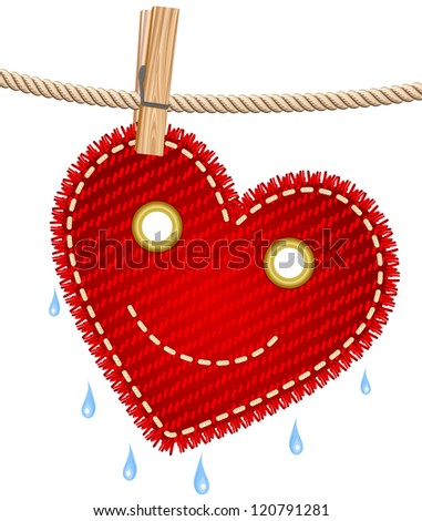 Textile red heart drying on a clothesline. Raster version. Vector is also available in my gallery