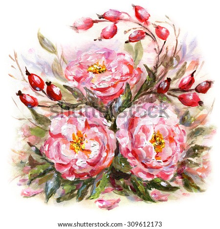 Original oil painting illustration of wild rose, rosehips flowers and fruits isolated on white