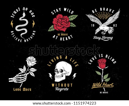 Set of Wild love theme vector graphic. Snake, roses, eagle and skull illustrations. For t-shirt prints and other uses.
