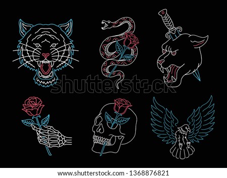 Set of neon light animals, skulls and roses.
tiger, panther, snake and eagle vector illustration.