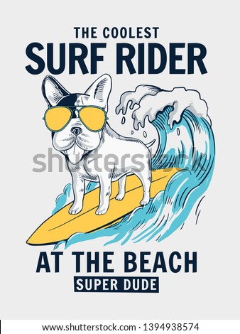 Cool Dog surfing illustration with text. Vector illustrations for t-shirt prints and other uses.