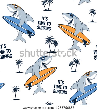 Vector Seamless pattern with shark  illustrations and slogan text, for t-shirt prints and other uses.