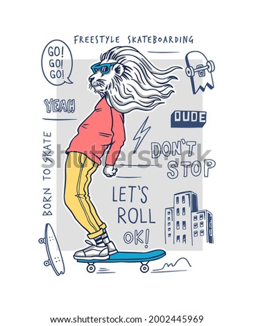 Cool lion skateboarding vector illustration with doodles for t-shirt prints, posters and other uses.