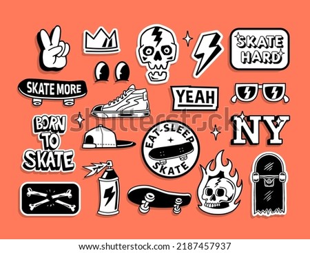 Skateboard badges, stickers. Vector illustrations of peace hand sign, skull, hat, shoes, sunglasses, lightning and skateboards.