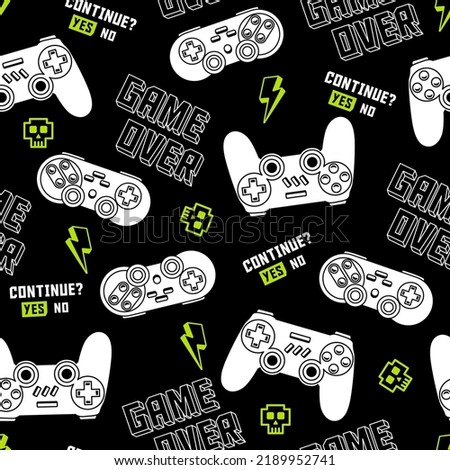 Vector seamless pattern with joystick gamepad illustrations and slogan texts, for apparel prints and other uses. Game controllers pattern.