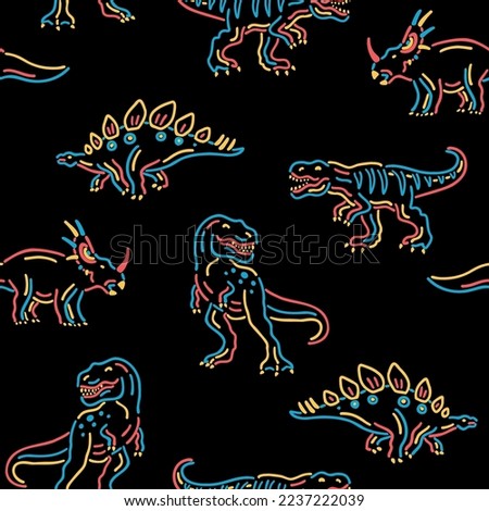 Dinosaurs Seamless Pattern | Cartoon Dinosaurs Kids Seamless Repeat Design | Dinos in Neon Colors Seamless Pattern
