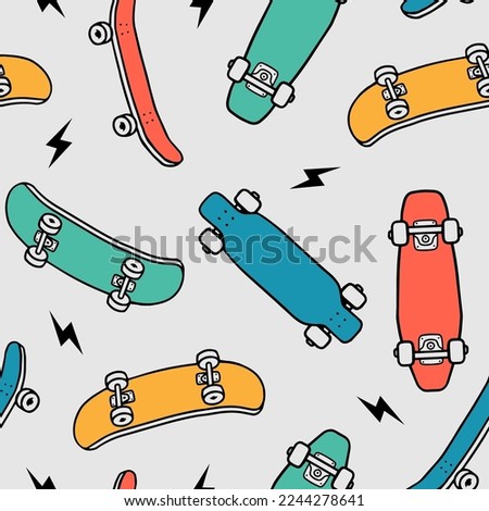 Hand drawn skateboarding seamless pattern. Skate background texture. Skateboarding doodle illustration. Vector seamless repeat pattern.