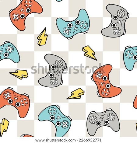 Vector gamer seamless pattern with checked background. Game controller digital download seamless pattern. Video game seamless repeat pattern.