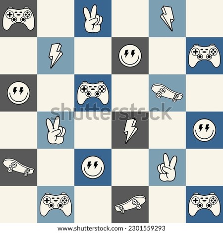 Checked seamless pattern file. Game controllers, happy faces and skateboards with check background. Vector seamless file for fabrics , apparels and other uses.