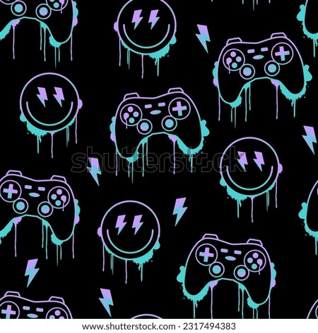 Vector gamer seamless pattern. Game controller digital download seamless pattern. Happy face and  video game seamless repeat pattern.